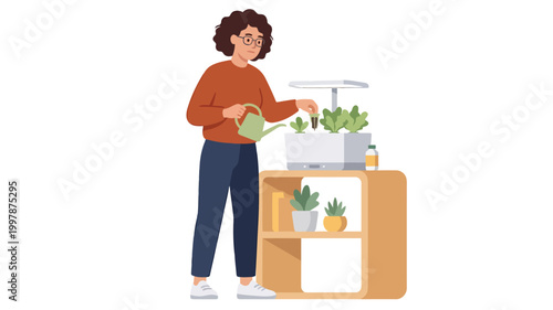 Woman watering plants in a smart indoor garden system at home