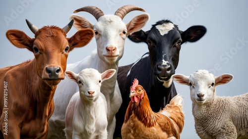 A group of cute goats and a herd of livestock graze on the green grass of a farm pasture, featuring domestic white and brown animals in a natural agriculture setting