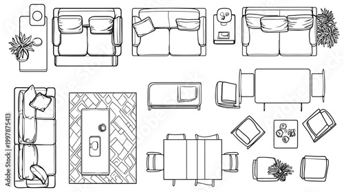Top Down View of Furniture Layouts for Living and Dining Rooms.