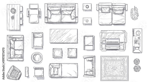 Top View Hand Drawn Furniture Collection Sketch.