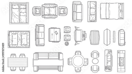Topdown view of various furniture pieces in a blueprint style.