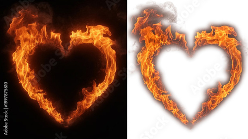 A fiery red heart glows with passion as burning flames and smoke shape a hot valentine symbol of glowing light against a black background in this artistic illustration