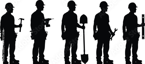 Construction worker silhouettes with tools against white background