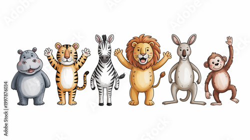 A cute vector illustration of funny cartoon animals like a teddy bear, puppy dog, and reindeer celebrate a fun Christmas holiday with Santa in a childhood art design for a baby kid card