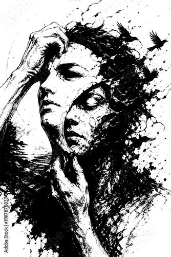 Conceptual sketch of person removing mask revealing another face beneath, symbolism of maya illusion identity duality hand drawn black and white spiritual art