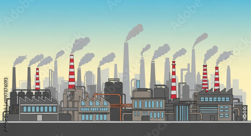 Industrial factory complex with smoke stacks emitting pollution.