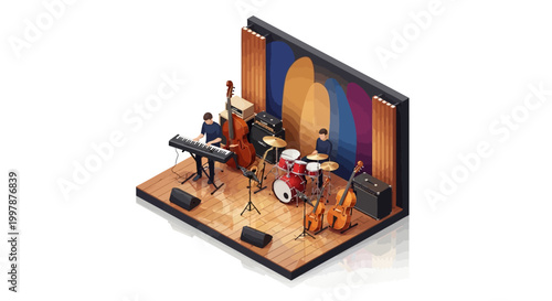 Isometric vector illustration showing a jazz band performance on a wooden stage, featuring a piano, double bass, drums, and trumpet against a retro backdrop with warm lighting for a soulful