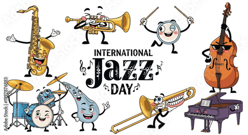 Animated jazz instruments performing for International Jazz Day are presented in a cheerful vector illustration with a retro vibe, featuring a saxophone, trumpet, and piano against a clean