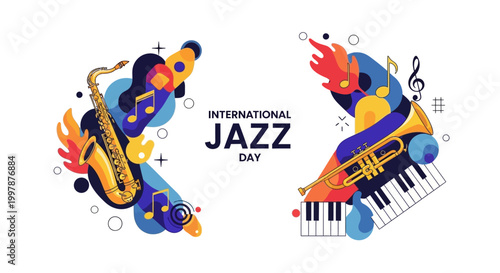 Stylized vector art celebrates International Jazz Day with dynamic musical instruments like a saxophone, trumpet, and piano keys arranged in a vibrant, colorful composition on a clean white