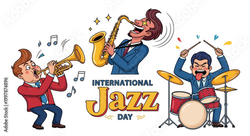 Stylized vector illustration celebrating International Jazz Day, featuring a lively jazz band performance with a saxophone, trumpet, and drums on a bright background, evoking a joyful mood