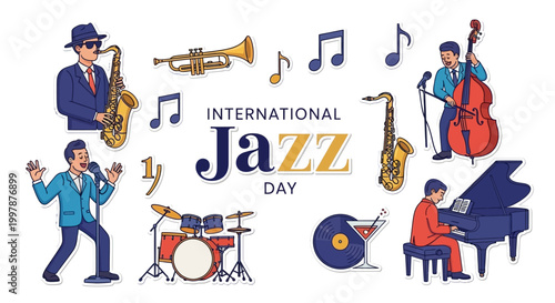 Illustrated vector design celebrating International Jazz Day with musicians playing saxophone, trumpet, piano, and double bass, complemented by musical notes and a vinyl record