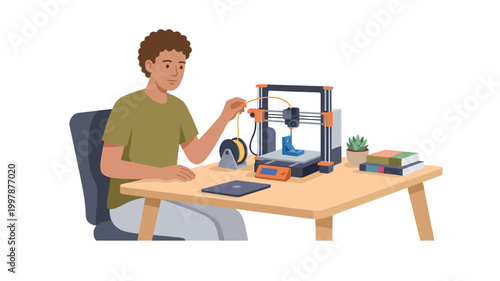 Young man operating a 3D printer at desk in home office