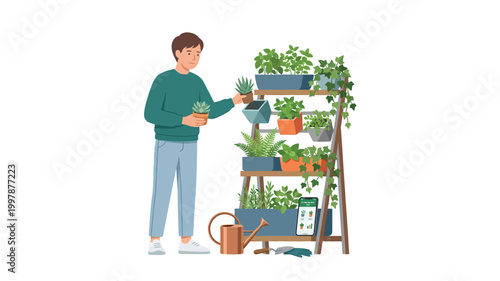 Young man tending to indoor garden with plants on wooden shelves