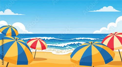 Schilderij op canvas A beach scene with colorful umbrellas on the sand
