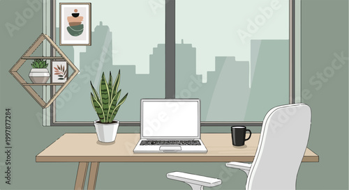 A serene office desk with laptop and coffee