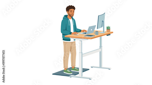 Young man working on laptop at adjustable standing desk