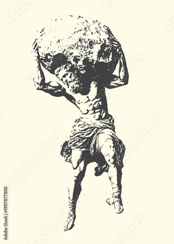 Classical sculpture of atlas carrying the heavens with sculpture carrying classical mythology engraving muscular architectural artistic monochrome silhouette composition creativity