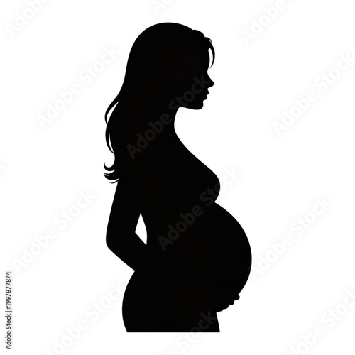 Silhouette of a beautiful pregnant woman with long hair, isolated profile on white background vector