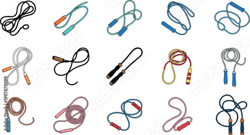 Skipping rope collection with various jump rope designs for fitness cardio training exercise equipment colorful vector illustration set