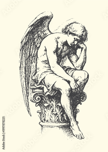 Angel statue sitting on column contemplative pose sculpture mythology classical guardian tranquility meditation thoughtful melancholy contemplative heavenly illustration decoration