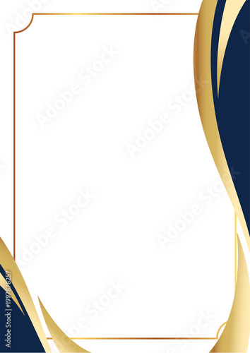 Elegant gold and navy blue border design on white background with abstract shapes