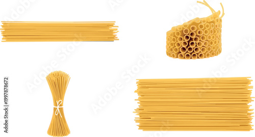 Spaghetti pasta set with bundles and stacks, uncooked Italian noodles ingredient vector illustration isolated on white background