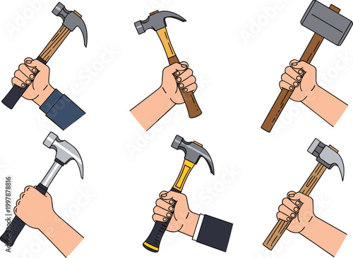 Hammer Illustrations in Different Types and Grips for Tools, Construction, and DIY Design Projects