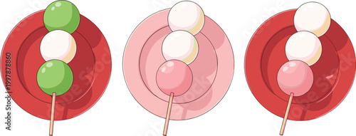 Colorful Dango (Japanese Rice Dumplings) on Skewers for Traditional Japanese Food, Dessert, and Cultural Design Projects