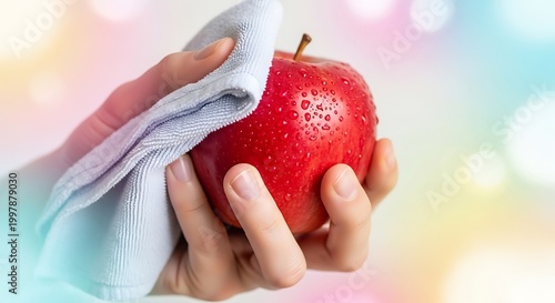Wiping Water Droplets from a Fresh Red Apple with a Microfiber Cloth