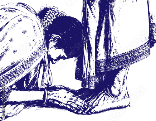 line art sketch of charan sparsh gesture, touching feet of elders, traditional Indian respect ritual, hands and feet minimalist spiritual illustration