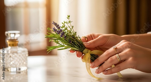 Woman Hands Holding Fresh Herbal Bouquet of Lavender and Rosemary
