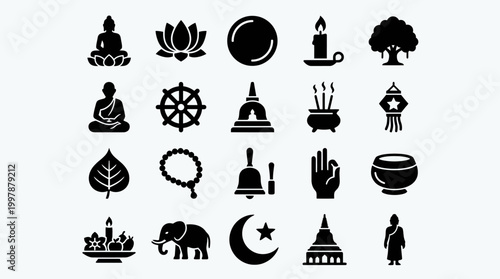 Vesak day celebration icons featuring full moon, Buddhist symbols, and religious objects on a simple background.