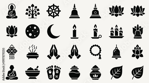 Buddhist Vesak Day Celebration Icons Featuring Full Moon and Religious Symbols on a Simple Background