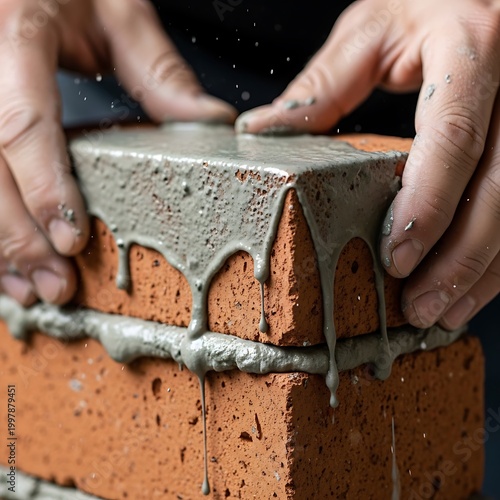Worker hands pressing red bricks with wet dripping cement mortar close-up