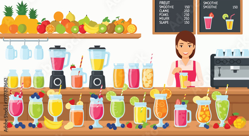 A cartoon woman prepares smoothies at a counter with various fruits