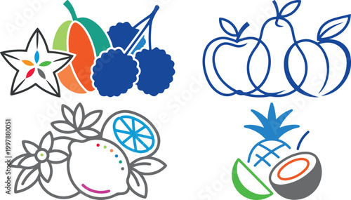 colorful fruit icons including starfruit blueberry coconut pineapple apple
