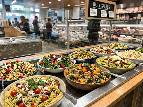 Variety of Prepared Gourmet Salads in Commercial Deli Display