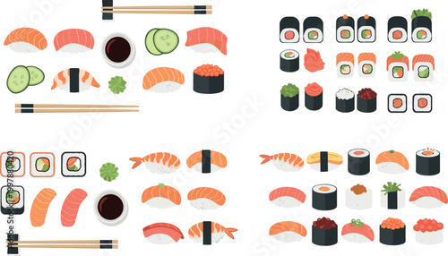 Sushi and Japanese food set with nigiri rolls chopsticks soy sauce and wasabi flat style vector illustration collection