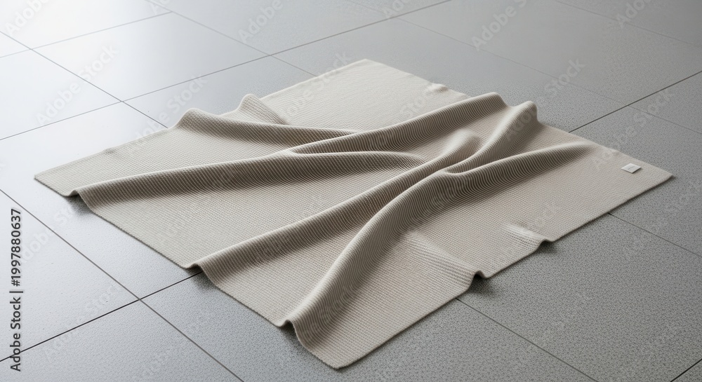 Naklejka premium A soft, neutral wool blend blanket draped with subtle ribbing on a tiled surface