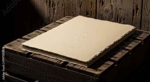 A single unbound sheet of thick textured paper with torn edges resting on aged wood
