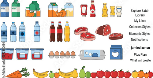 Grocery Food and Beverage Collection with Fruits, Vegetables, Meat, Dairy, Drinks, and Packaged Products for Supermarket, Nutrition, and Healthy Eating Illustration Set