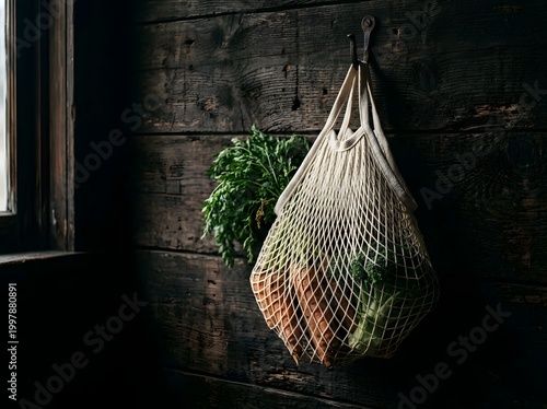 Eco-Friendly Cotton String Bag Hanging with Fresh Vegetables