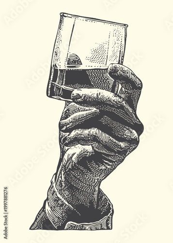 Hand in glove holding a glass of whiskey with black and white celebration beverage gentleman masculine illustration engraving monochrome contrast isolated minimalist cocktail