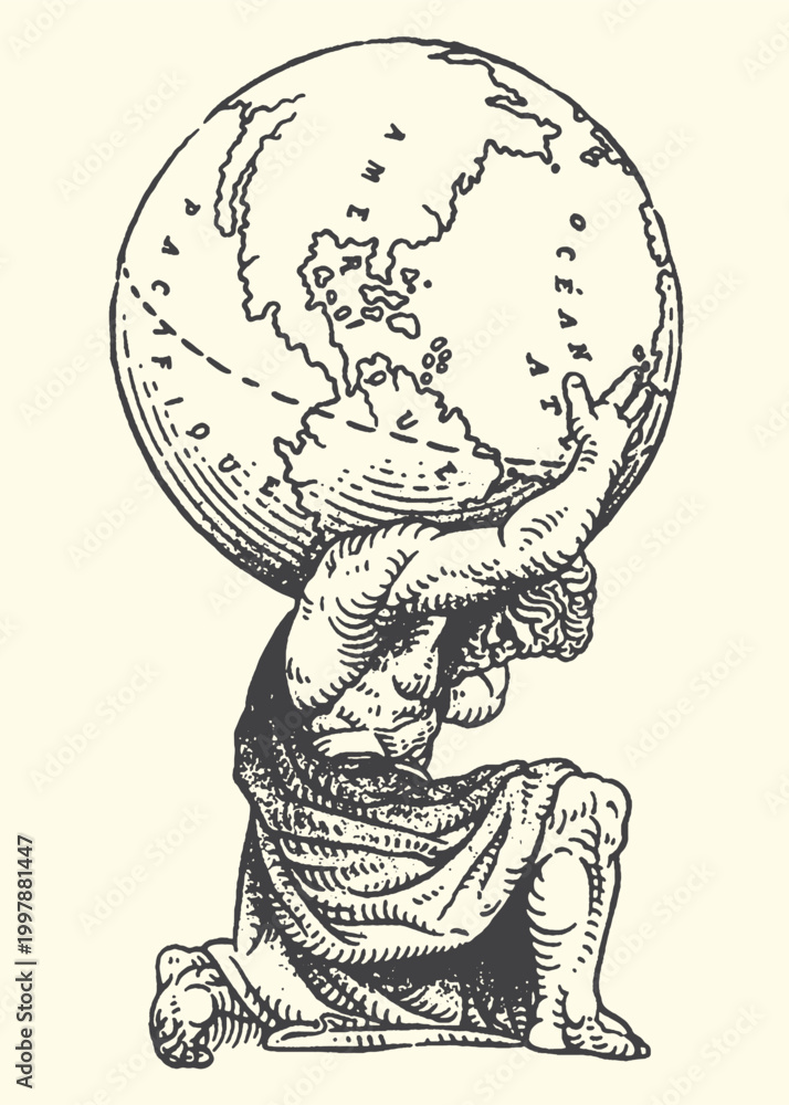 Naklejka premium Atlas kneeling holding the earth on his shoulders in a classical illustration kneeling shoulders mythology sculpture illustration classical strength responsibility celestial hemisphere