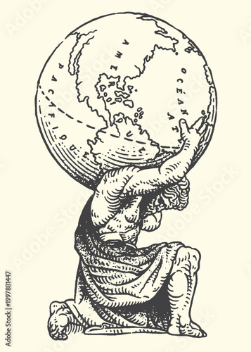 Atlas kneeling holding the earth on his shoulders in a classical illustration kneeling shoulders mythology sculpture illustration classical strength responsibility celestial hemisphere