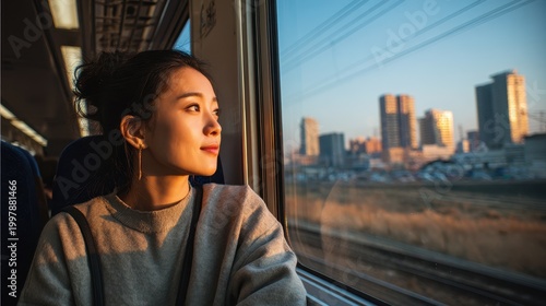 Young Asian woman contemplating city skyline during morning commute by train window