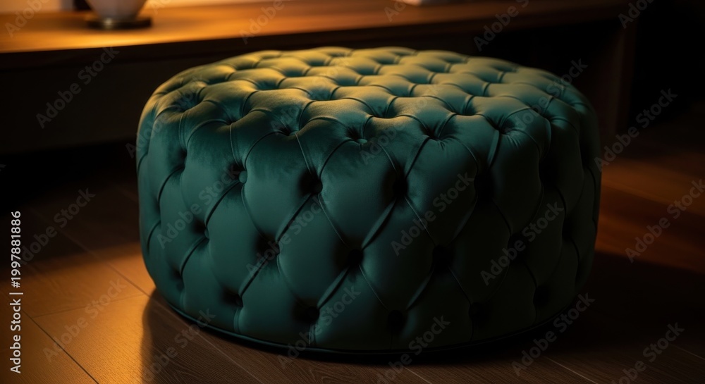 Fototapeta premium Luxurious deep forest green velvet tufted round ottoman pouf on a wooden floor