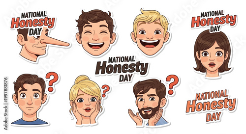 Vector illustrations promoting National Honesty Day feature diverse cartoon faces expressing sincerity and ethical behavior, contrasted with a figure sporting a comically long nose