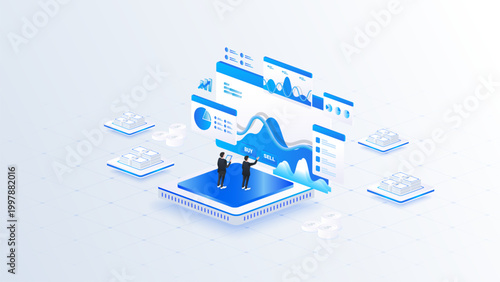 Isometric stock market trading analytics interface with buy and sell signals and financial charts.