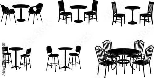 Table and chairs silhouettes set with cafe and dining furniture, restaurant interior vector illustration collection for seating design
